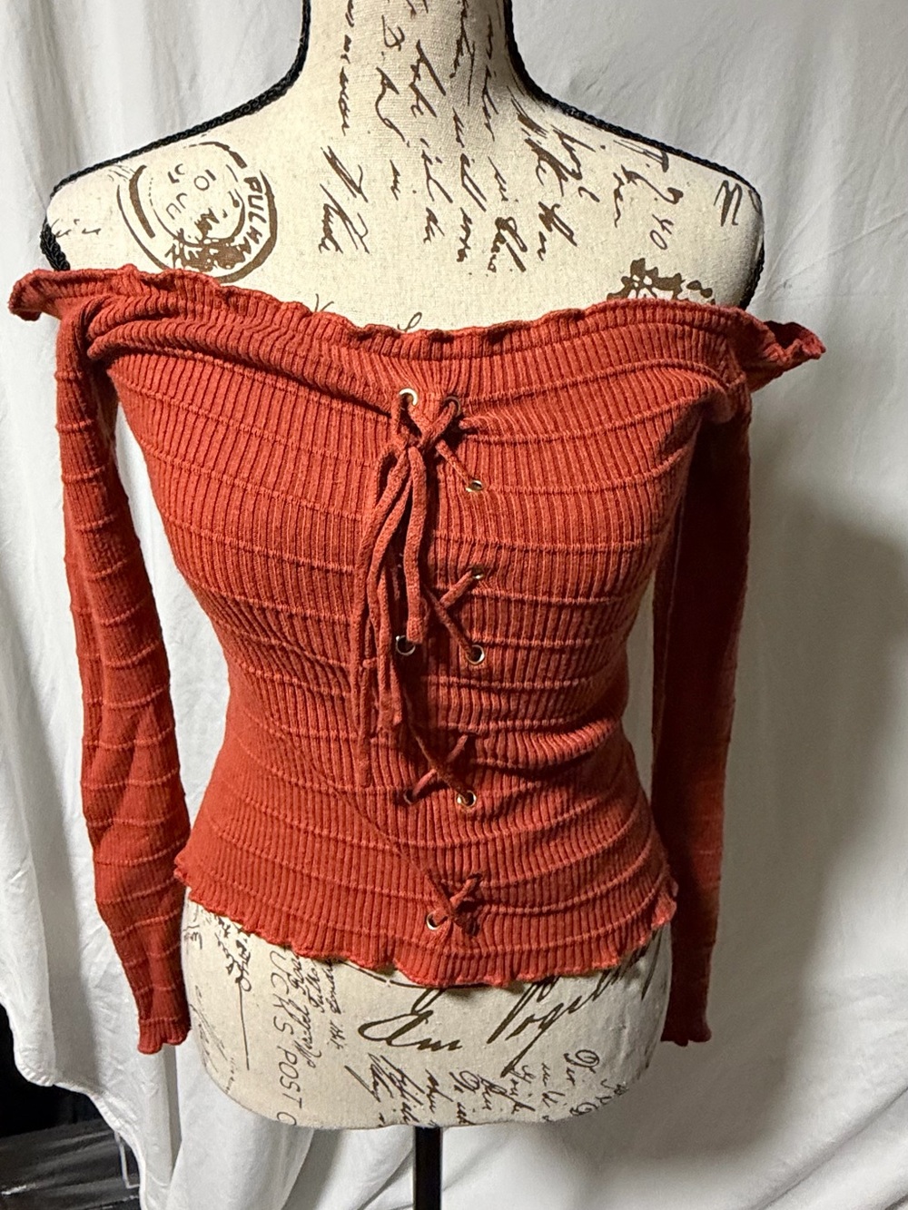 Wishful Park Rust Terracotta Off-the-Shoulder Lace-Up Ribbed Top Large